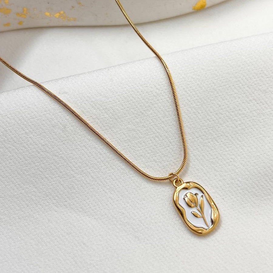 Gold Tulip Enamel Pendant Necklace
